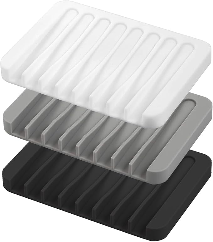 Self Draining Soap Dishes, 3 Pcs Silicone Waterfall Drainer Soap Holder for Bathroom, Extend Soap Life Keep Dry Clean & Easy Cleaning (Black, White, Gray)