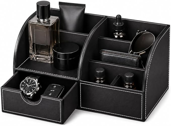 KINGFOM Cologne Organizer for Men, PU Leather Dresser Organizer with Drawer, 11" Countertop Cologne Holder for Watch, Wallet, Keys, Sunglasses, Bathroom Bedroom Nightstand Organizer, Black