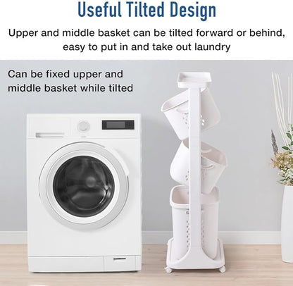 Japard 83 Litres Rolling Laundry Hamper Ultra Slim, Vertical 3 Sorter Cart with Wheels and Breaks, 3-tier Baskets Detachable for Dorm, Closet, Easy Assembly White Gray
