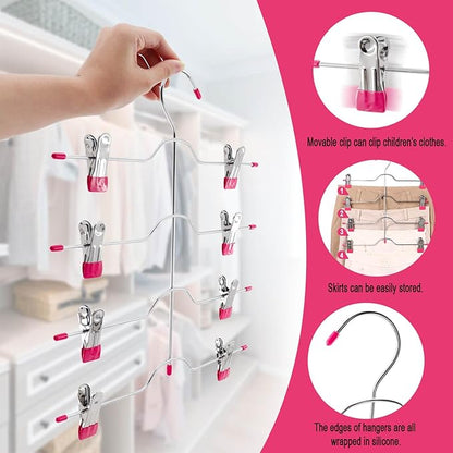 4 Tier Skirt Hangers Space Saving,Metal,Non Slip Closet Organizer and Storage Multi Clothes Shorts Hanger Organization Dorm Room Essentials (Pink+Purple 2Pack)