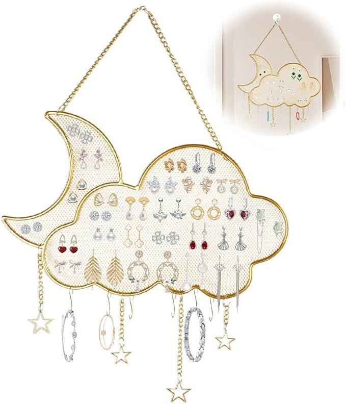 Earring Holder Organizer Hanging Jewelry Organizer Wall Mounted, Metal Stud Earring Display Stand with 6 Hooks, Jewelry Storage Rack for Earrings Necklace Bracelet (Gold)