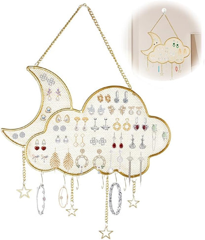 Earring Holder Organizer Hanging Jewelry Organizer Wall Mounted, Metal Stud Earring Display Stand with 6 Hooks, Jewelry Storage Rack for Earrings Necklace Bracelet (Gold)