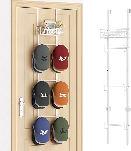 SWTYMIKI Over Door Hat Organizer - Wall Mounted Hat Rack with 6 Hooks and Metal Basket Design, Hanging Baseball Cap Organizer Storage Holds Up to 32 Caps for Door, Bedroom, Closet(White)