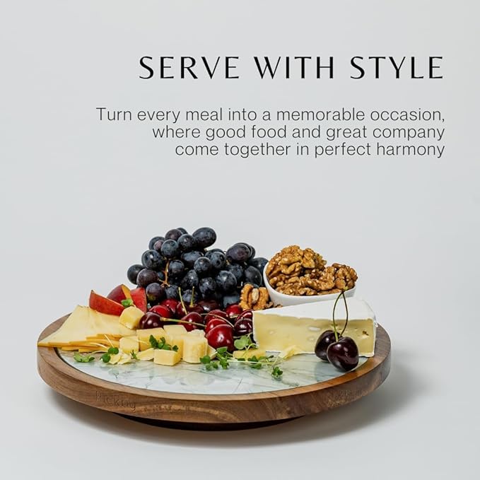 Rickby, 12" Premium Acacia Wood Lazy Susan Turntable for Table Top with Removable Marble Texture Glass Plate, Wooden Lazy Susan for Dining Table Centerpiece & Kitchen Countertop
