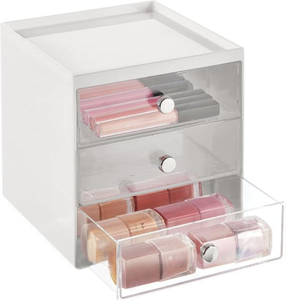 mDesign Plastic 3 Drawer Organizer for Makeup Storage - Large Stackable Makeup Organization and Storage Cube with Drawers for Bathroom, Vanity, Desk - Makeup Storage Drawers - Light Gray/Clear