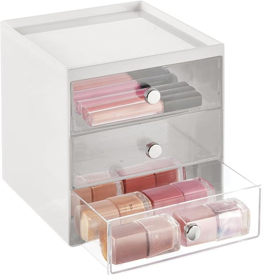 mDesign Plastic 3 Drawer Organizer for Makeup Storage - Large Stackable Makeup Organization and Storage Cube with Drawers for Bathroom, Vanity, Desk - Makeup Storage Drawers - Light Gray/Clear