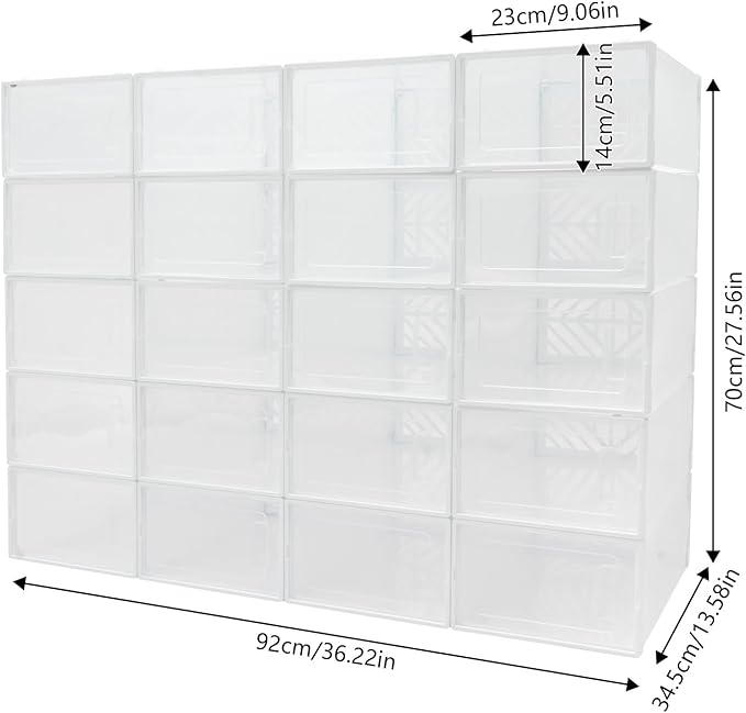 20 Pack Shoe Storage Boxes, Plastic Stackable Foldable Shoe Boxes with Clear Front Opening Door for Sneakers Flats Slippers Sandals Casual Shoes, Space Saving, 13.58*9.06*5.51in (White)