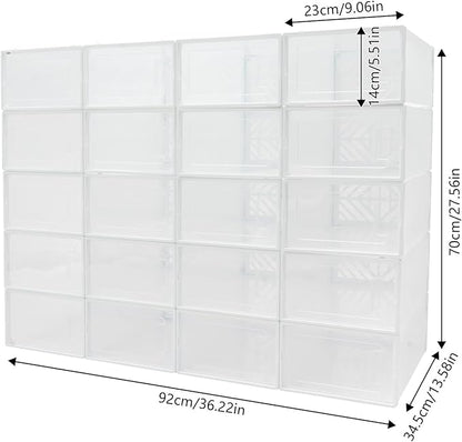 20 Pack Shoe Storage Boxes, Plastic Stackable Foldable Shoe Boxes with Clear Front Opening Door for Sneakers Flats Slippers Sandals Casual Shoes, Space Saving, 13.58*9.06*5.51in (White)