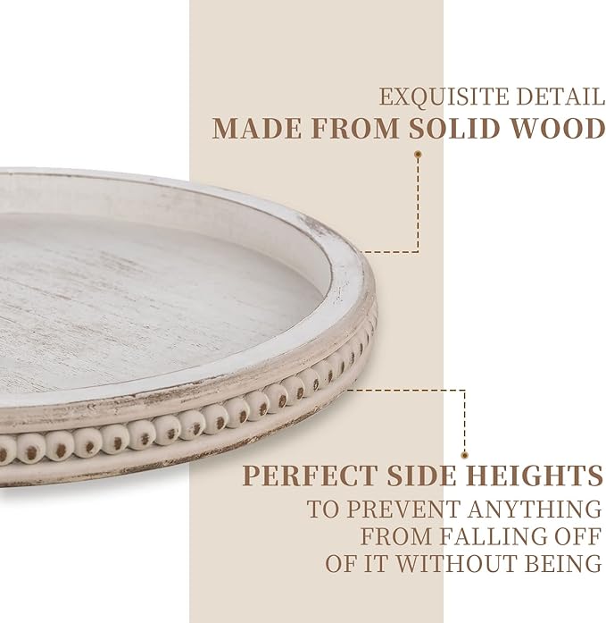Lazy Susan Organizer Wooden Turntable: Hanobe White Round Wood Trays 12" for Decorative Kitchen Counter Coffee Table Home Decor with Beaded Spice Spinner