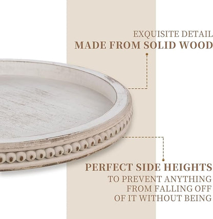 Lazy Susan Organizer Wooden Turntable: Hanobe White Round Wood Trays 12" for Decorative Kitchen Counter Coffee Table Home Decor with Beaded Spice Spinner