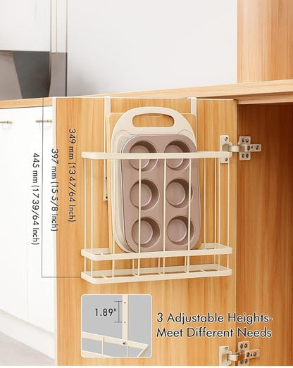 Feriha Over Cabinet Door Organizer with Towel Bar | 3-Height Adjustable Kitchen Cabinet Rack for Cutting Boards, Lids & Towels | Space-Saving Matte Black Holder (Ivory)