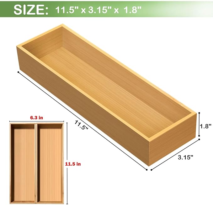 guiogc Bamboo Drawer Silverware Organizer, Flatware Organizers, Multi-purpose Bamboo Storage Box for Kitchen, Offices and Dressing table 11.5" x 3.15" x 1.8" (Set of 2)