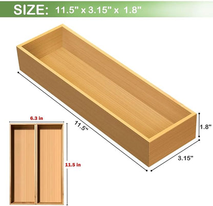 guiogc Bamboo Drawer Silverware Organizer, Flatware Organizers, Multi-purpose Bamboo Storage Box for Kitchen, Offices and Dressing table 11.5" x 3.15" x 1.8" (Set of 2)