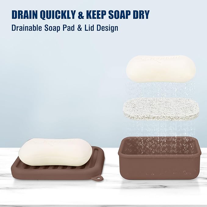 Superior Leak-Proof Silicone Travel Soap Case with Drainage Lid/Layer, Compact Bar Soap Container, Durable Soap Holder for Camping, Gym, and Travel Size Toiletries (Mocha-Mousse)