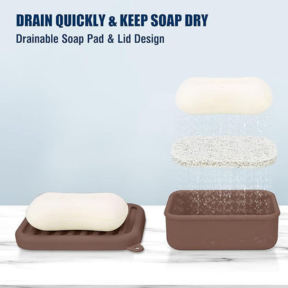 Superior Leak-Proof Silicone Travel Soap Case with Drainage Lid/Layer, Compact Bar Soap Container, Durable Soap Holder for Camping, Gym, and Travel Size Toiletries (Mocha-Mousse)