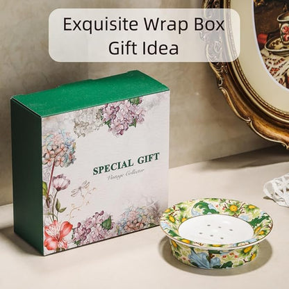 Floral Decorative Self Draining Soap Dish, Double-Layer Round Soap Tray, Vintage Ceramic Soap Dish (Style A)