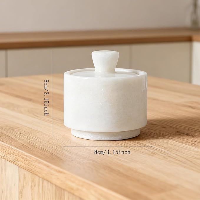 Natural Marble Salt Cellar with Lid, Stone Salt Bowl,Spice jar,Handcrafted Seasoning Storage Box for Kitchen Counte (White)