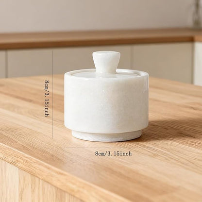Natural Marble Salt Cellar with Lid, Stone Salt Bowl,Spice jar,Handcrafted Seasoning Storage Box for Kitchen Counte (White)