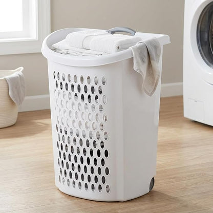 White Wheeled Plastic Laundry Hamper – Adult-Sized Rolling Basket With Handles For Home & Dorms