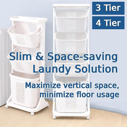 Japard 108 Liters Vertical Rolling Laundry Compact Hamper Ultra Slim, 4 Sorter Cart with Wheels and Breaks, 4-tier Baskets Detachable for Small Space, Dorm, Closet, Bathroom, Easy Assembly White Gray