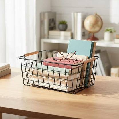 Metal Black Wire Basket,Food Storage Basket Organizer with Wooden Handles for Organizing,pantry and organizers Kitchen Cabinets Shelf potato onion, 4 Packs-Black