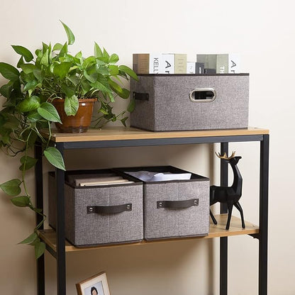 PRANDOM Fodable Storage Baskets for Closet [5-Pack] Decorative Fabric Storage Bins Cubes with Leather/Metal Handles for Shelves Bedroom Living Room Grey (11.5x8.5x6.7 Inch)