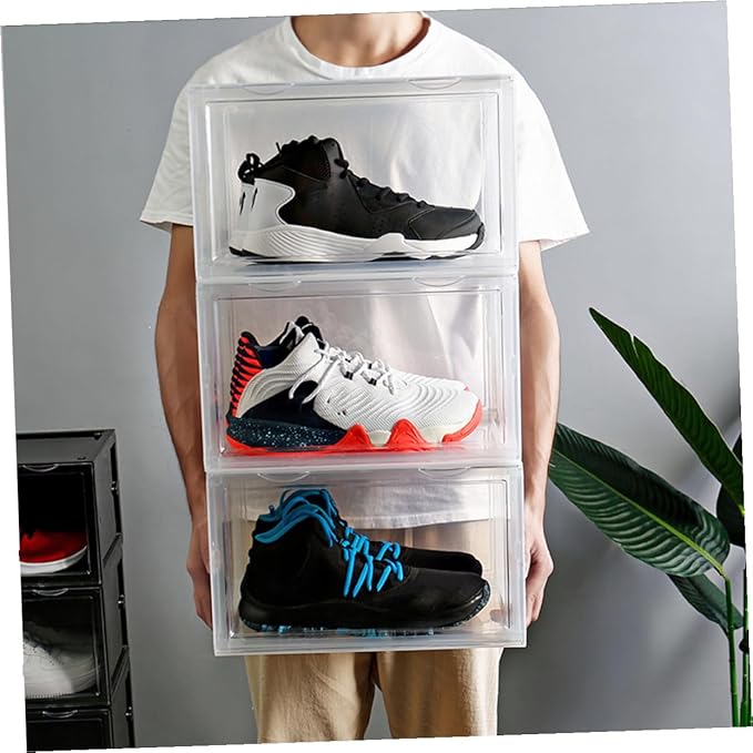 Shoe Storage Box with Dustproof Door Buckle, Stackable Shoe Organizer Container for Sneaker and Boot Closet Storage