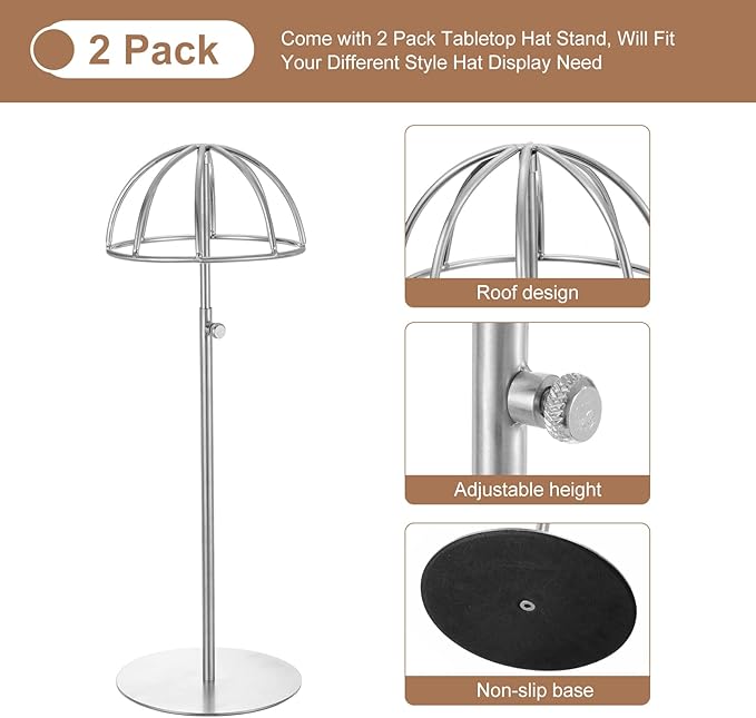 uxcell Metal Hat Display Stand 2 Pack Adjustable Tabletop Hat and Wig Rack Holder for Baseball Cap, Fedora Hat, Cowboy Hat - Silver