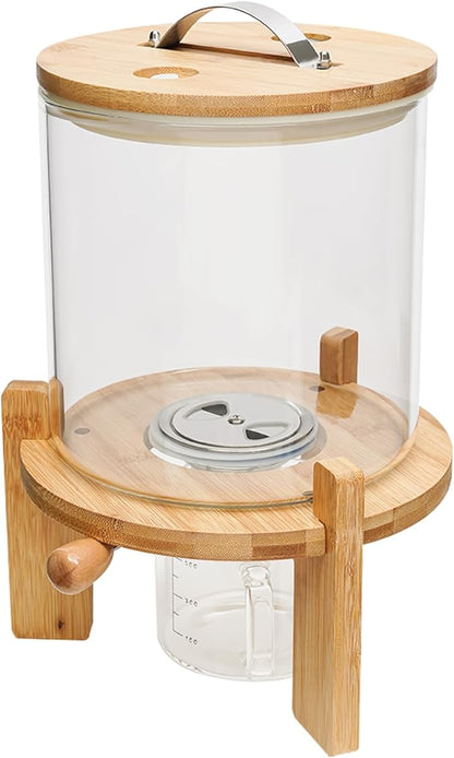 DYNAMI 5L/1.3Gal Glass Rice Dispenser with Airtight Lid,Glass Cereal Dispenser w/Bamboo Stand and Measuring Cup,Bamboo Lid with Thermometer & Silicone Seal Ring,for Kitchen Organization Pantry Store
