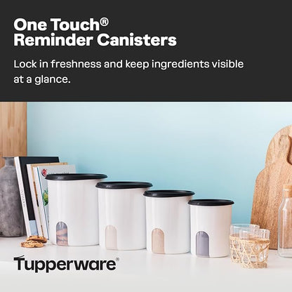 Tupperware One Touch Reminder Canisters 4 Canister Food Storage Set in White & Black, Dishwasher Safe and BPA Free, (4 Containers, 4 Lids)