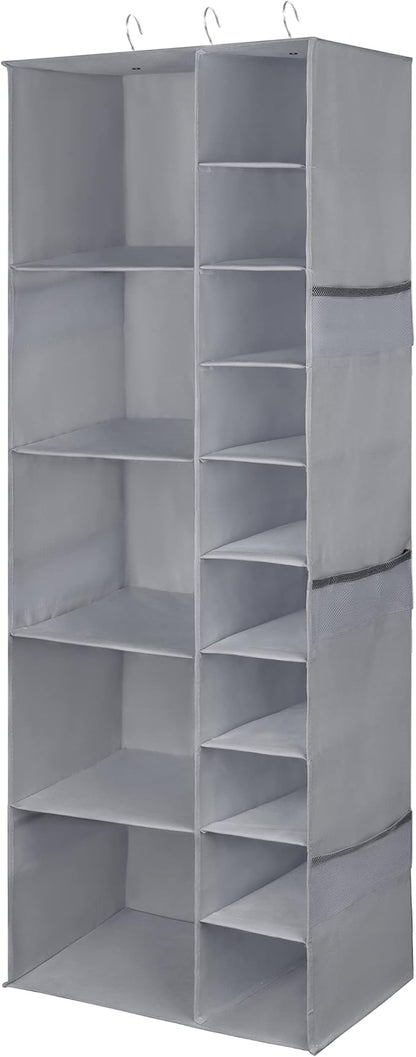 Libeder Shoe Organizer for Closet, 15 Shelf Hanging Closet Storage Shelves - 10 Shoe Rack Organizer and 5 Compartment for Clothes with 6 Side Mesh Pockets for Scarves Socks,Gloves Grey