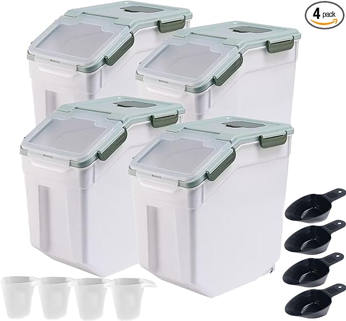 RUIAN Large Airtight Storage Container,25lb Flour Rice Storage Containers Bin with Wheels Seal Locking Lid, with Measuring Cup&Scoop for Flour, Rice, Grain100LBS Total(Green, 4PCS)