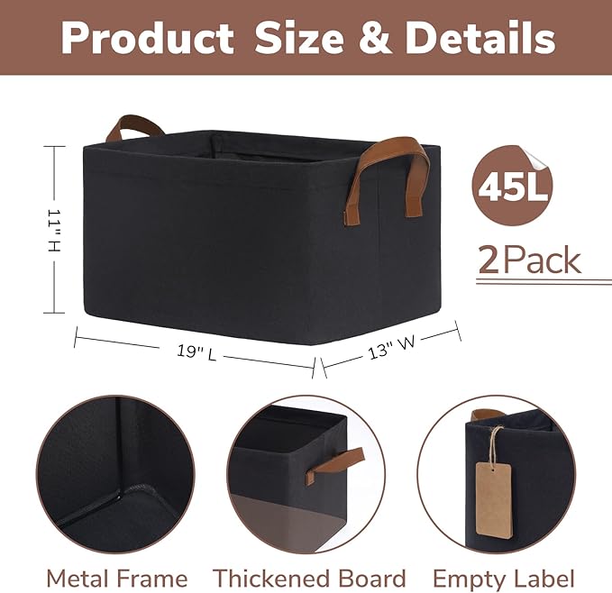 CHICVITA Storage Baskets for Shelves, Extra Large Closet Storage Bins with Metal Frame, Foldable Toy Storage Organizer for Nursery, Living Room, 19" L x 13" W x 11" H, Black, 2-Pack