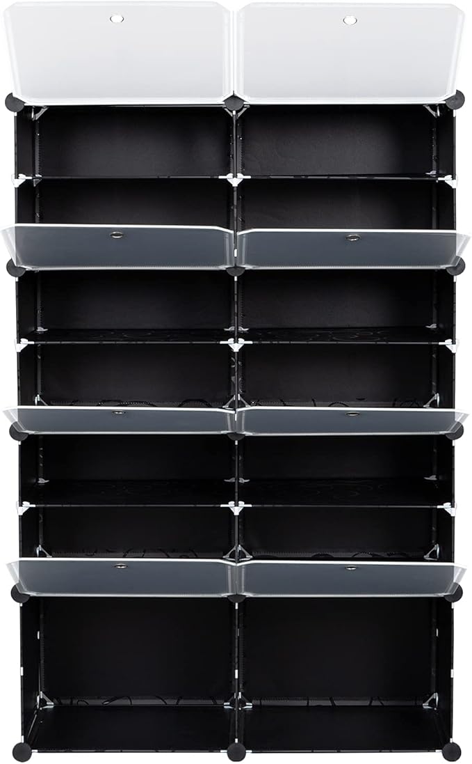 14 Cubes Shoe Rack,Portable Shoe Rack Organizer,Stackable Detachable Free Standing Shoe Rack,Plastic Shoe Storage Cabinet,Shoe Storage Boxes,with Doors,for Closet, Hallway, Bedroom, Entryway (Black)