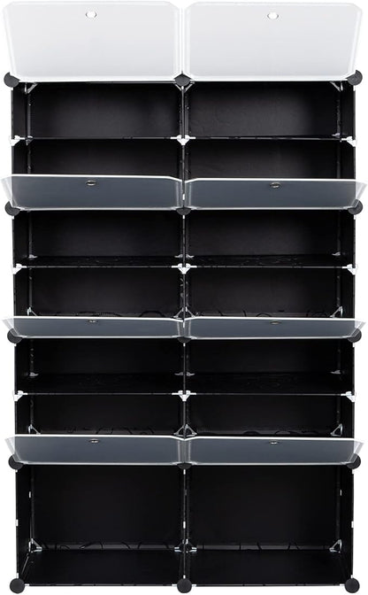 14 Cubes Shoe Rack,Portable Shoe Rack Organizer,Stackable Detachable Free Standing Shoe Rack,Plastic Shoe Storage Cabinet,Shoe Storage Boxes,with Doors,for Closet, Hallway, Bedroom, Entryway (Black)