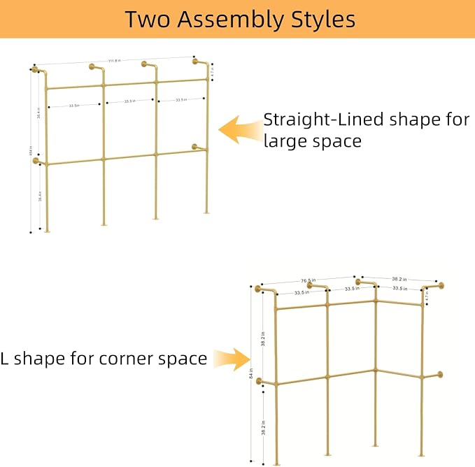 Industrial Pipe Gold Clothes Racks Wall Mounted, Rustic Gold Industrial Pipe Clothing Rack Design - Stylish & Heavy Duty Corner Garment Racks, Perfect for Home or Retail Display