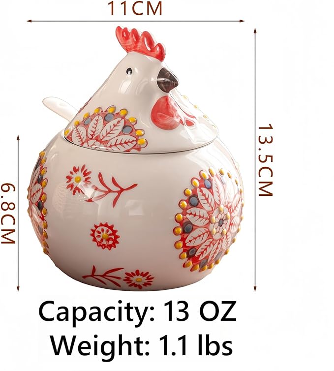 Ceramic Salt Cellar with Lid and Spoon, 13 OZ Large Chicken Salt Jar, Salt Holder for Counter, Coffee, Sugar, Spices and Candies, Salt Containers for Countertop (Green)