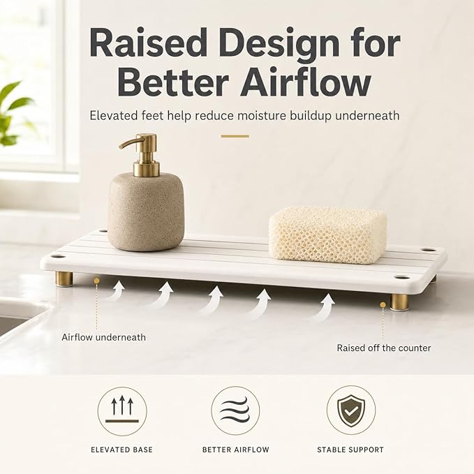 Razborci Instant Dry Sink Caddy Kitchen Sink Organizer, Quick Drying Stone Tray Diatomite Sponge Holder Soap Dish, Bathroom Countertop Fast Dry Water Absorbing Vanity Rack, Gold White, 12" x 5"