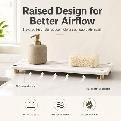 Razborci Instant Dry Sink Caddy Kitchen Sink Organizer, Quick Drying Stone Tray Diatomite Sponge Holder Soap Dish, Bathroom Countertop Fast Dry Water Absorbing Vanity Rack, Gold White, 12" x 5"