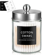 SheeChung Qtip Dispenser Holder 1pcs, Glass apothecary jars with Stainless Steel Lids &Stickers, Countertop Canister Guest Bathroom Storage Organizer Set for Cotton, Floss Picks(Brushed Nickel)