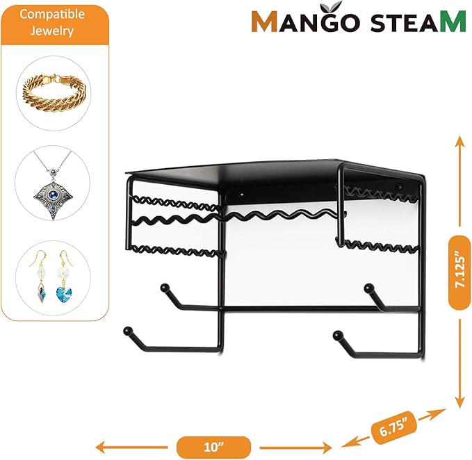 Mango Steam Black 10" Wall Mount Jewelry & Accessory Storage Rack Organizer Shelf for Earrings, Bracelets, Necklaces, & Hair Accessories