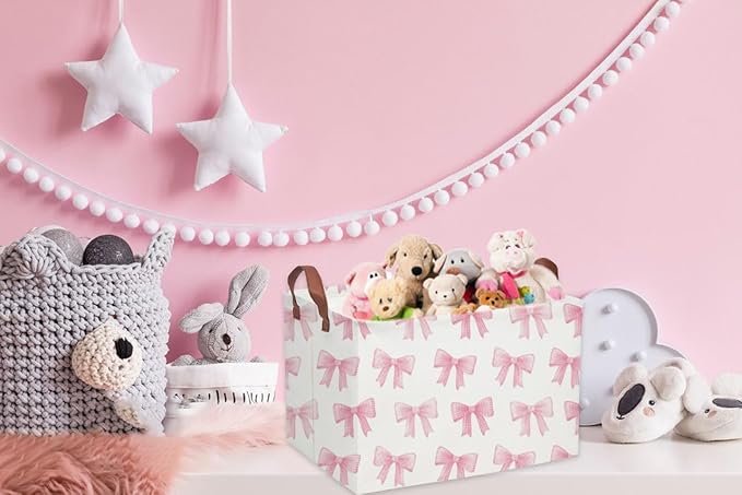 Sanjiaofeng Rectangular Kids Basket Pink Storage Bins,Girls Storage Baskets with Handles.Clothers,Toys,Books,Kid's Gifts Storage. (Pink Bowknot)