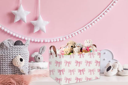 Sanjiaofeng Rectangular Kids Basket Pink Storage Bins,Girls Storage Baskets with Handles.Clothers,Toys,Books,Kid's Gifts Storage. (Pink Bowknot)