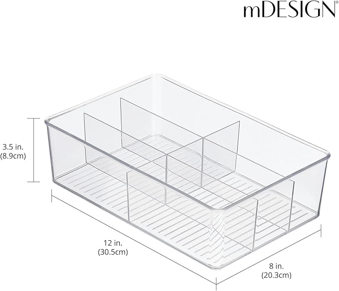 mDesign Plastic Kitchen Cabinet Storage Organizer Bin Box - 6 Divided Sections for Pantry Shelves, Countertops, Island, or Cupboard - Holds Snacks, Tea Bags, Spices, Sauces, Ligne Collection, Clear