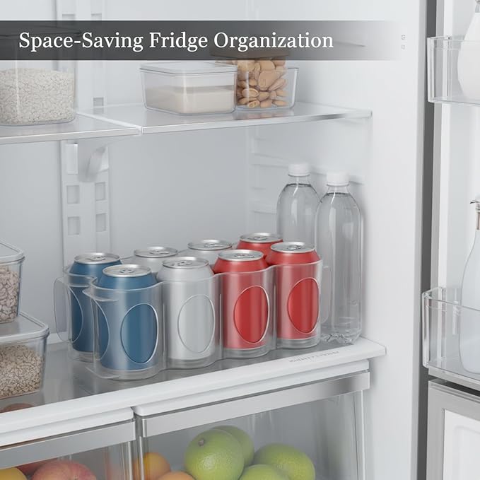 Beverage Organizer Rack for Refrigerator, Stacking Can Dispenser to Stop Rolling Cans and Bottles, Space Saving Fridge Storage Shelf, Clear PP Plastic