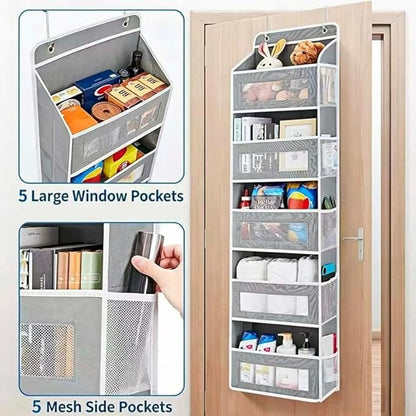 5-layer large capacity storage bag on the door, with 5 side pockets and transparent mesh visible design. The hard bottom plate is not easily deformed, and hooks and screws can be hung (black)