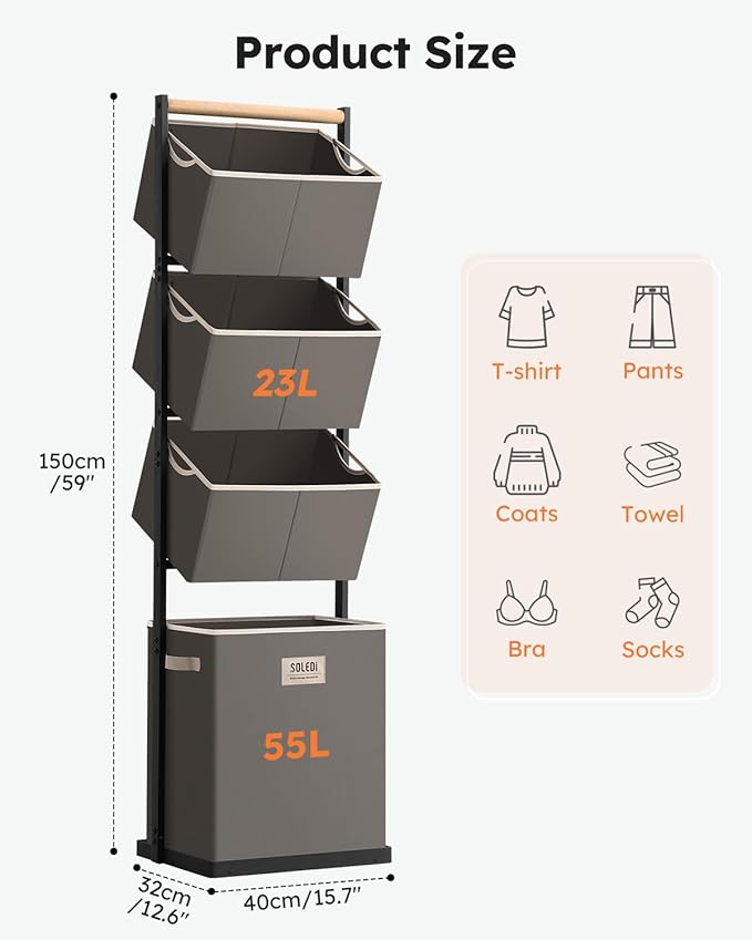 SOLEDI 4 Section Laundry Hamper Sorter, Stackable Laundry Basket Organizer with Removable Basket, 125L 4-Tier Vertical Laundry Sorter for Small Space, Laundry Room, Dorm, Bathroom, Wardrobe Grey