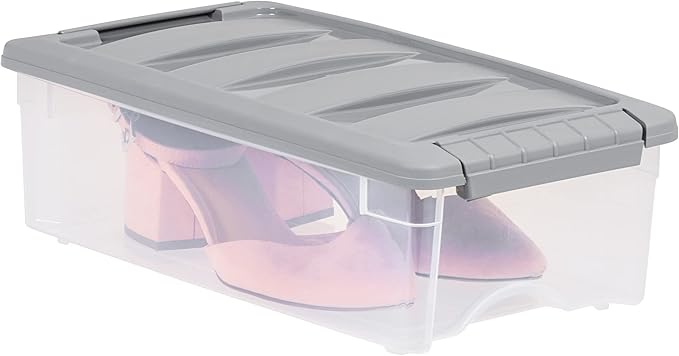 Amazon Basics Plastic Storage Containers with Secure Latching Lids, Stackable Organization Bins for Organizing, Clear/Grey, 5 Quart, Set of 10