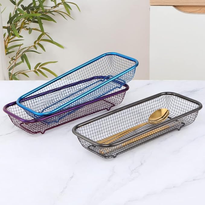 Kitchen Flatware Drawer Organizer, 2pcs Stackable Mesh Cabinet Storage Basket, Stainless Steel Kitchen Utensils Filter Drying Rack Holder for Knives, Fork, Spoon Chopsticks (Blue)