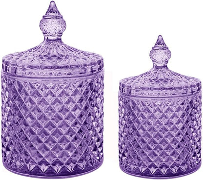 R FLORY 2 Pack Qtip Holder Glass Apothecary Jars with Lids Bathroom Storage Organizer for Cotton Swabs, Balls, Pads, Floss Picks, Vanity Storage Containers for Makeup, Candy, Jewelry (10+24oz, Purple)